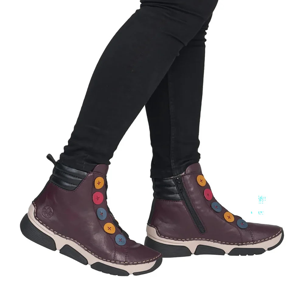 Rieker Women's Angela 77 Side Zip Boot in Brombeer/Royal/Honig/Flamme