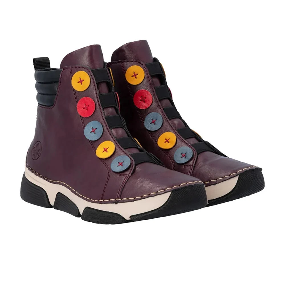 Rieker Women's Angela 77 Side Zip Boot in Brombeer/Royal/Honig/Flamme