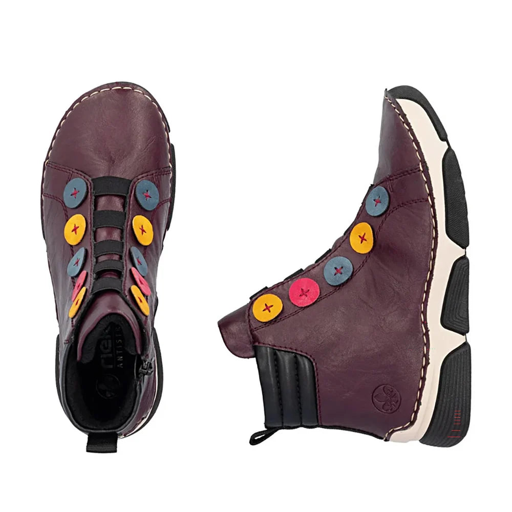 Rieker Women's Angela 77 Side Zip Boot in Brombeer/Royal/Honig/Flamme