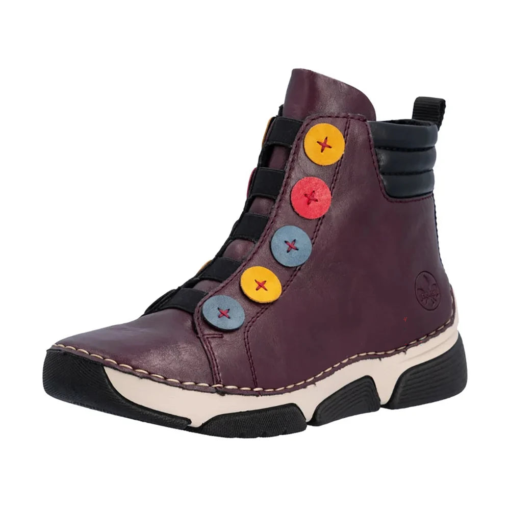 Rieker Women's Angela 77 Side Zip Boot in Brombeer/Royal/Honig/Flamme
