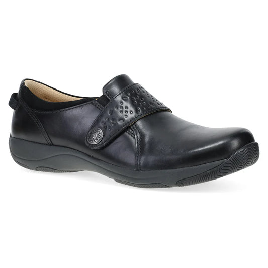 Dansko Women's Sallie Adjustable Strap Shoe in Black Waxy Burnished Leather