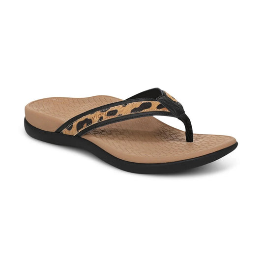 Vionic Women's Tide 2.0 Toe Post Flip Sandal in Black Leopard Print Suede