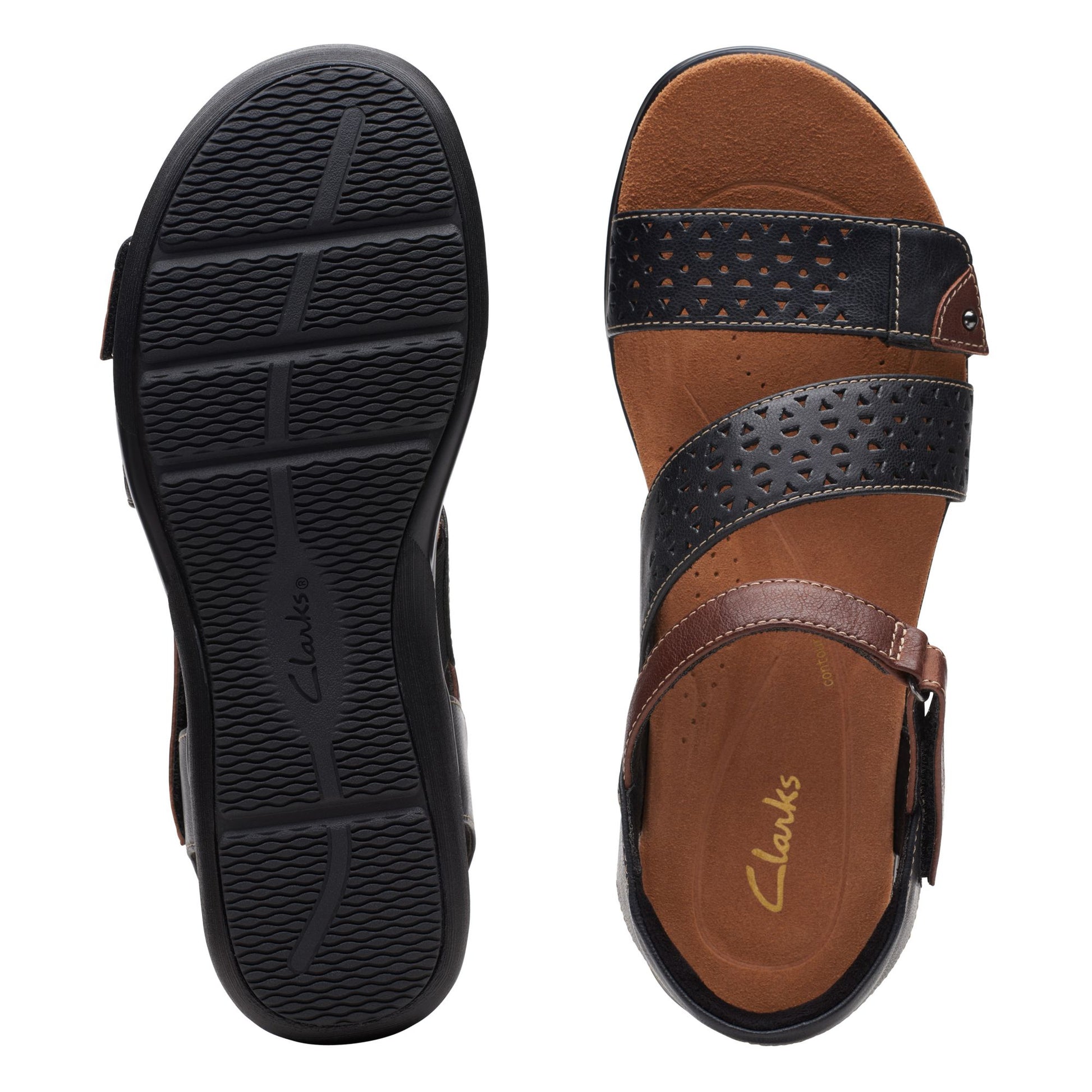 Top-down and bottom view of Clarks Kitly Way Strap Sandal for women.