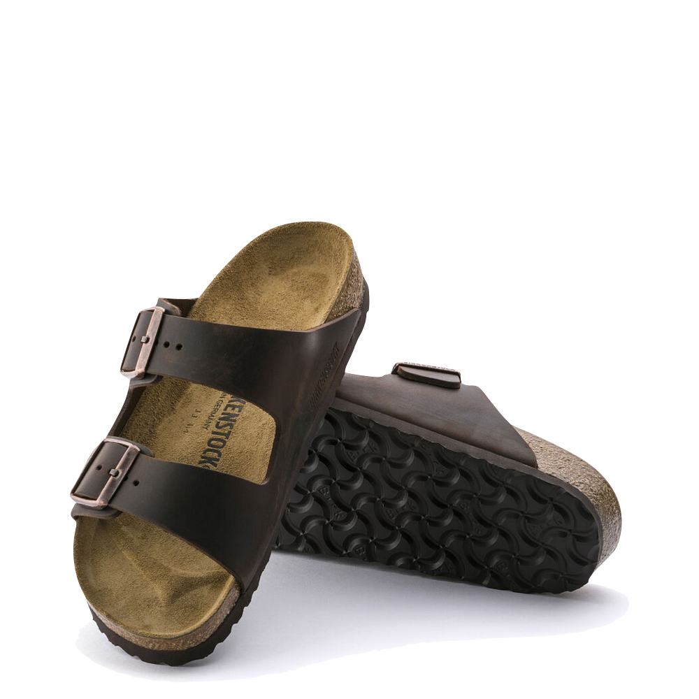 Top-down and bottom view of Birkenstock Arizona Oiled Leather Soft Footbed Sandal for unisex.