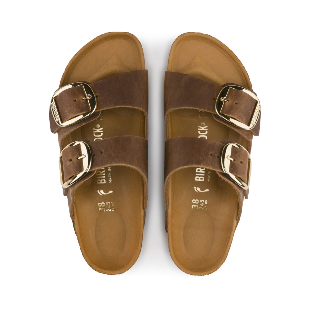 Top-down view of Birkenstock Arizona Oiled Leather big Buckle Sandal for women.