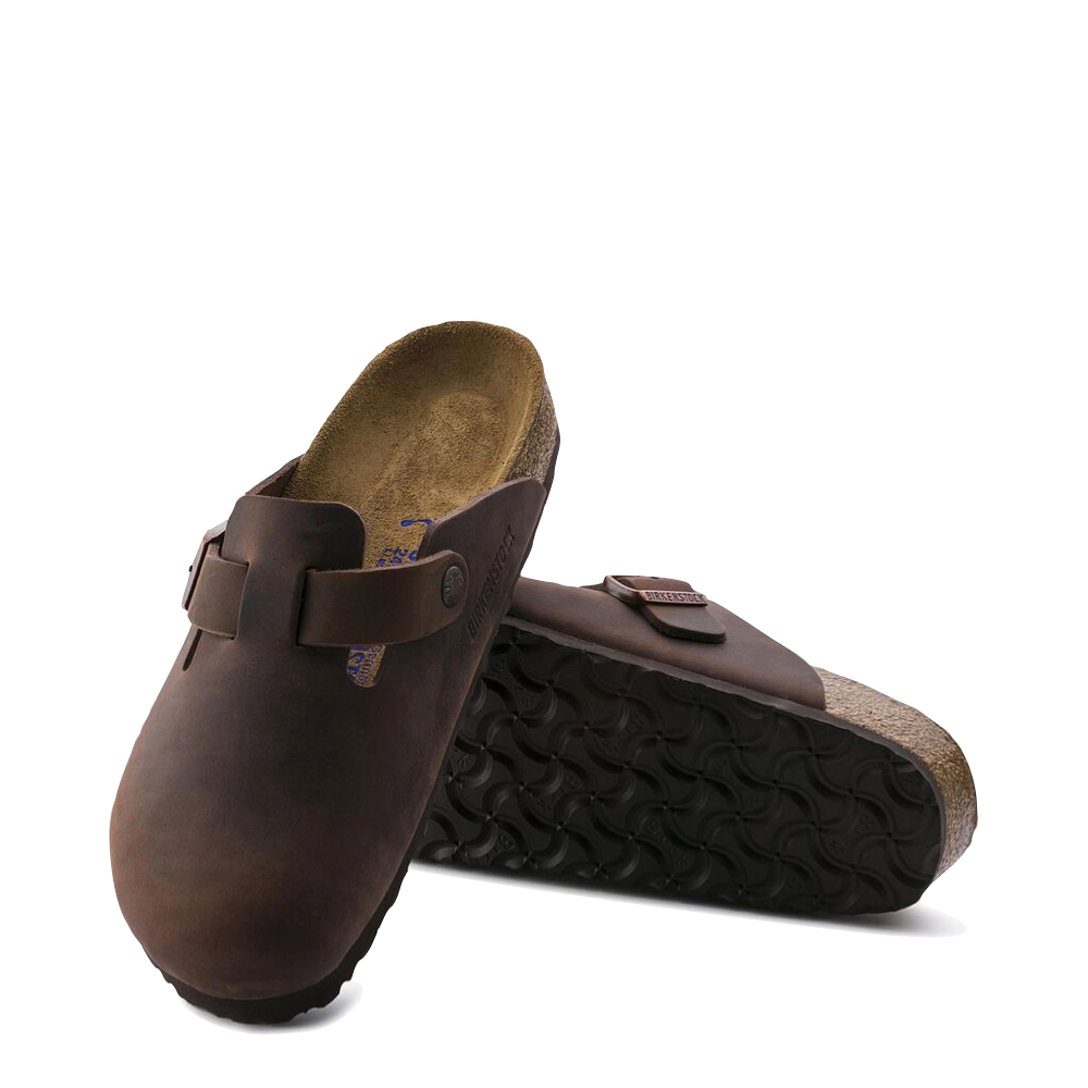 Top-down and bottom view of Birkenstock Boston Soft Footbed Oiled Leather Clog for unisex.