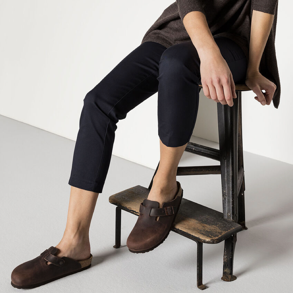 Model view of Birkenstock Boston Soft Footbed Oiled Leather Clog for unisex.