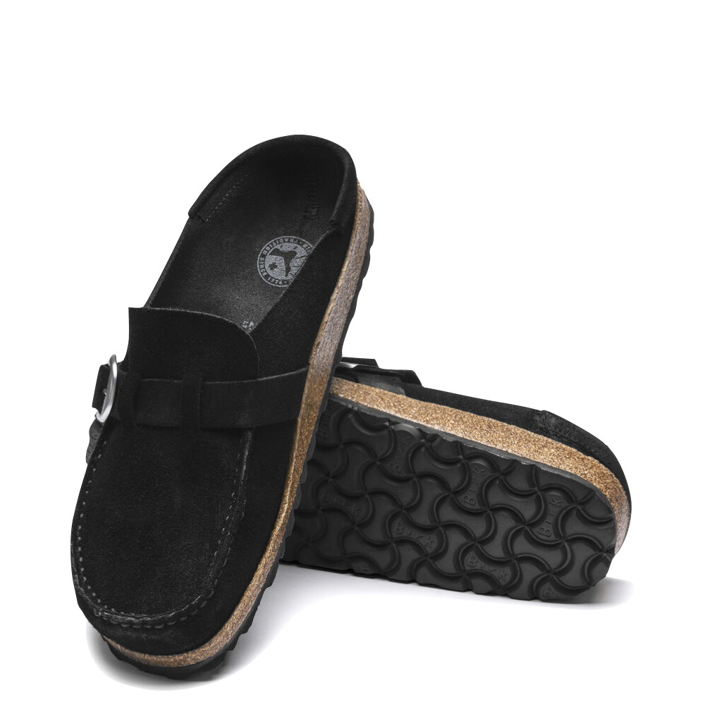 Top-down and bottom view of Birkenstock Buckley Suede Clog for women.