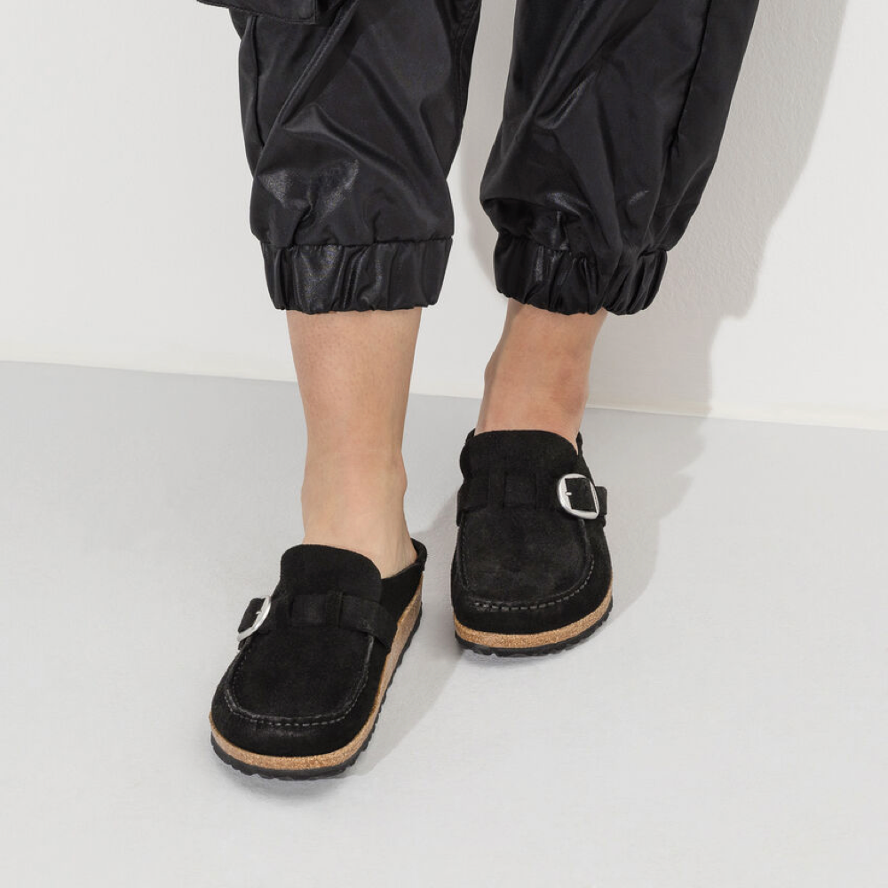 Model view of Birkenstock Buckley Suede Clog for women.