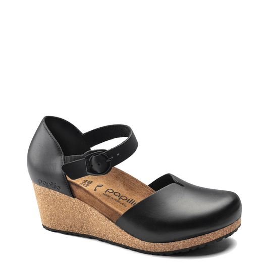 Birkenstock Women's Mary Smooth Leather Closed Toe Cork Wedge in Black