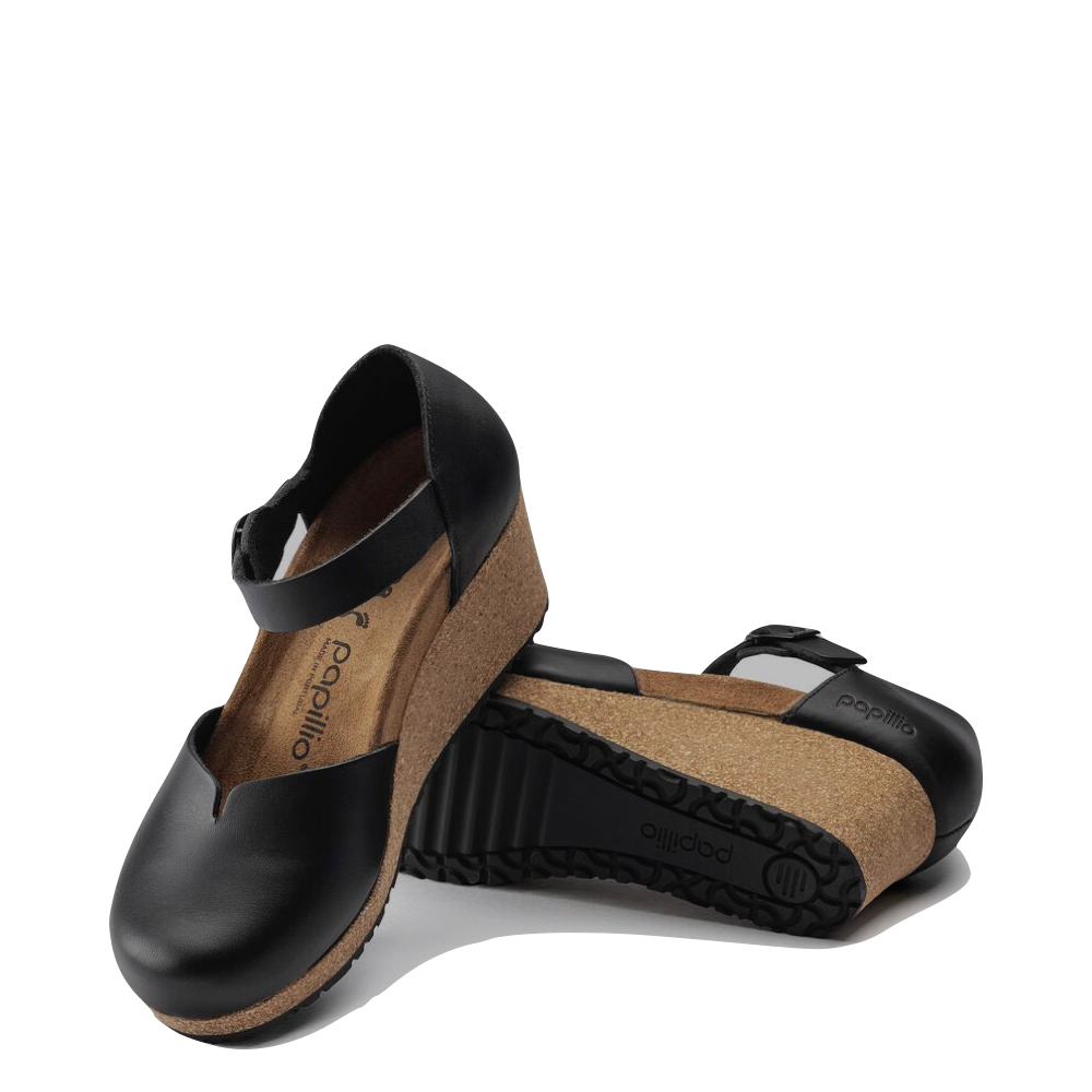 Side and bottom view of Birkenstock Mary Smooth Leather Closed Toe Cork Wedge for women.