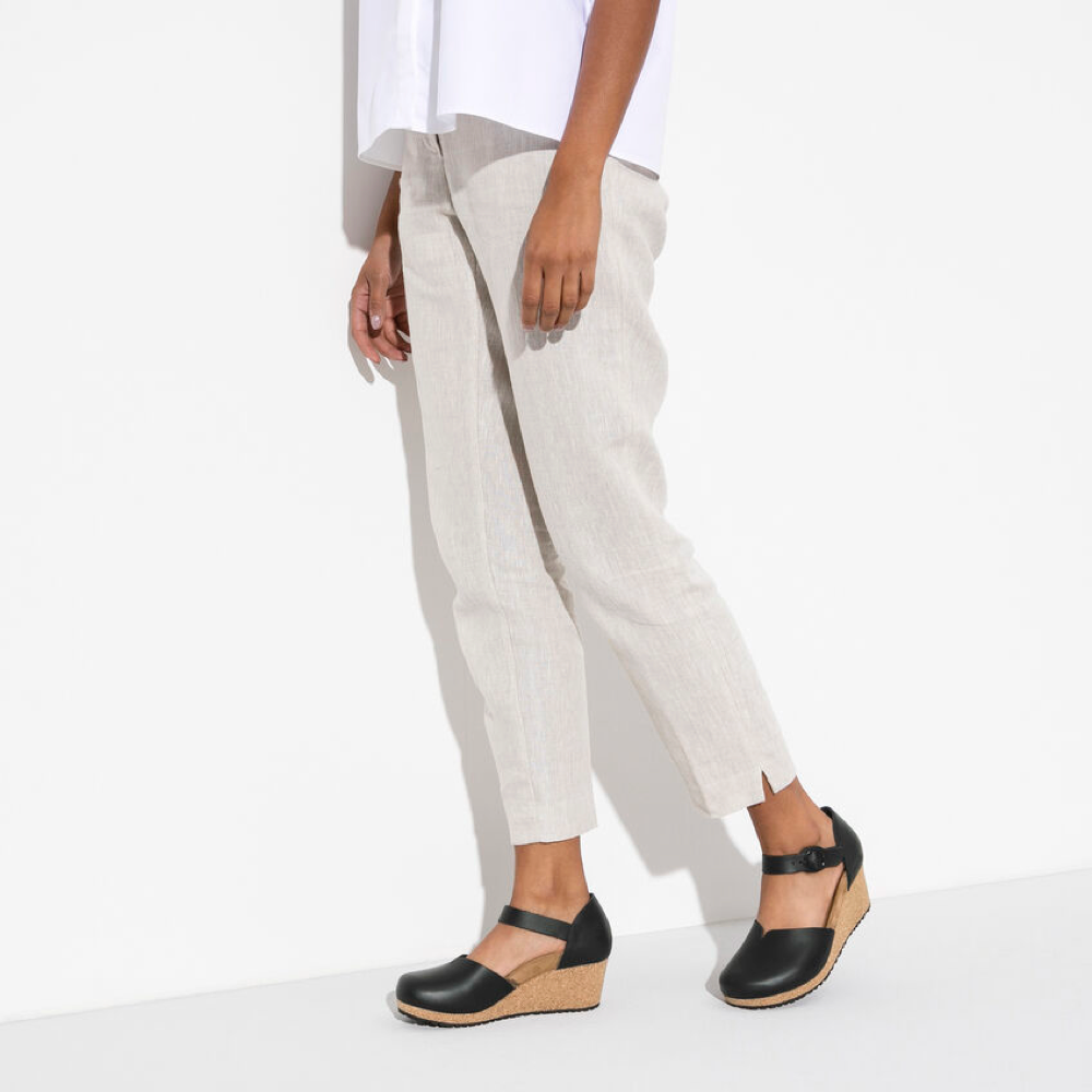 Model view of Birkenstock Mary Smooth Leather Closed Toe Cork Wedge for women.