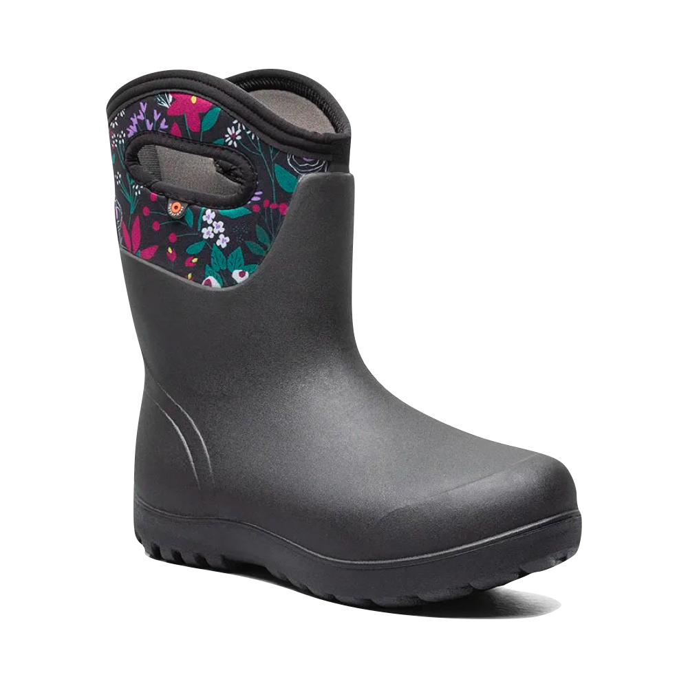 Bogs Women's Neo-Classic Mid Cartoon Flower Waterproof Pull On Boots (Black)