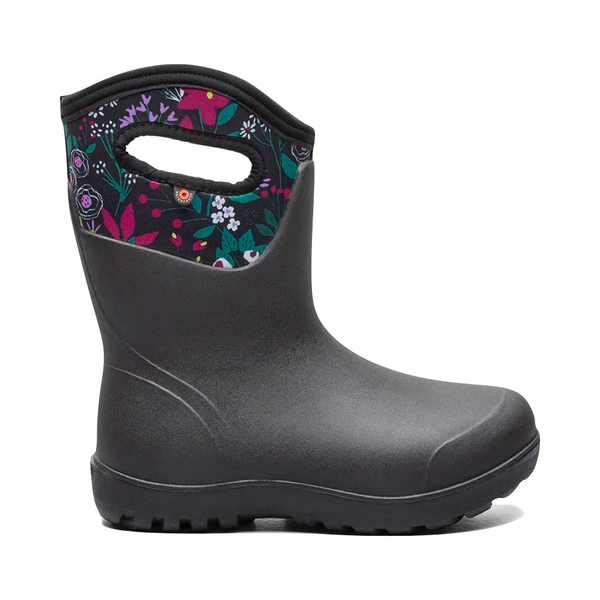 Bogs Women's Neo-Classic Mid Cartoon Flower Waterproof Pull On Boots (Black)