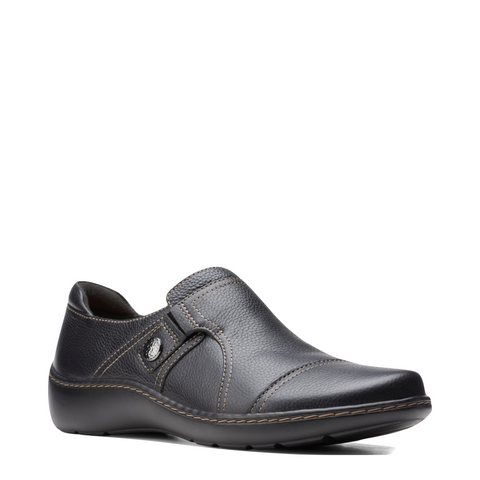 Clarks Women's Cora Poppy Tumbled Leather Slip On in Black