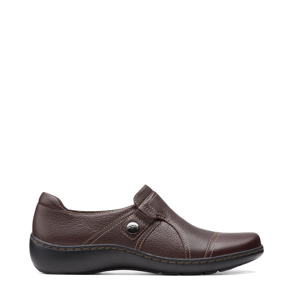 Side (right) view of Clarks Cora Poppy Tumbled Leather Slip On for women.