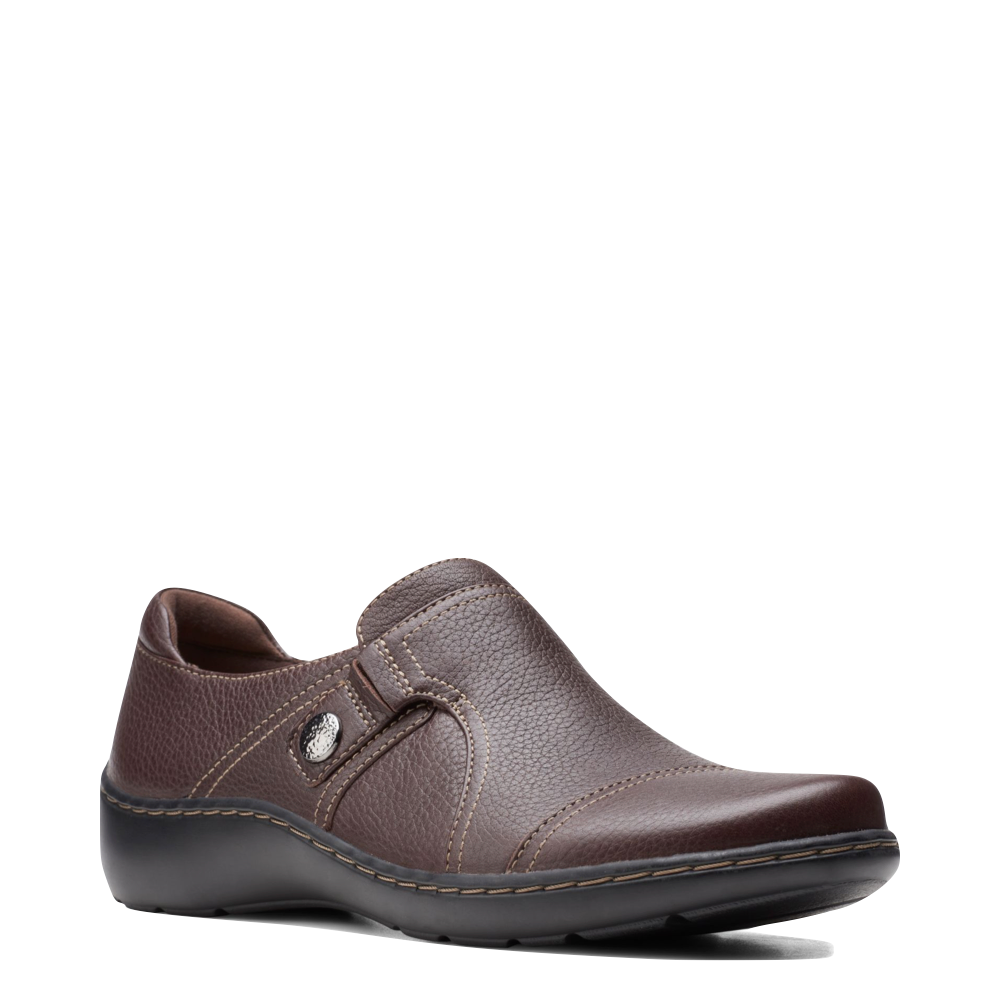 Mudguard and Toe view of Clarks Cora Poppy Tumbled Leather Slip On for women.