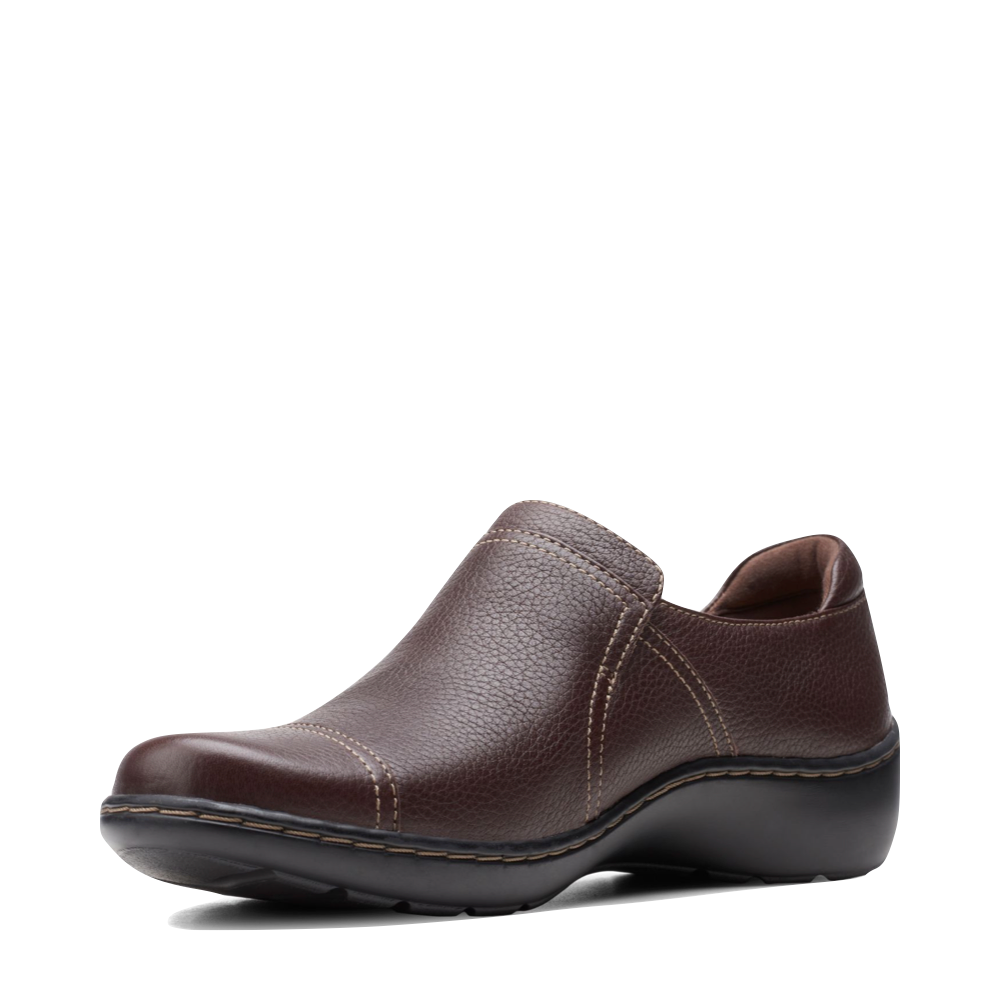 Reverse Mudguard and Toe view of Clarks Cora Poppy Tumbled Leather Slip On for women.