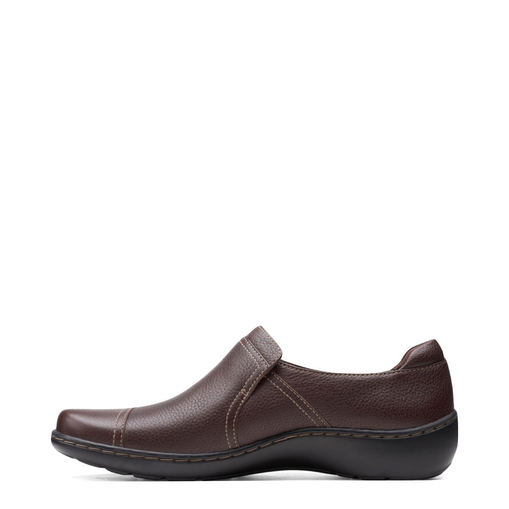 Side (left) view of Clarks Cora Poppy Tumbled Leather Slip On for women.