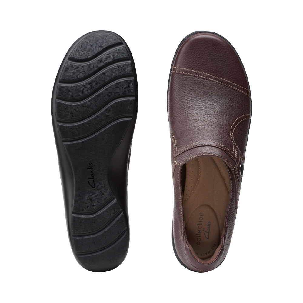 Top-down and bottom view of Clarks Cora Poppy Tumbled Leather Slip On for women.