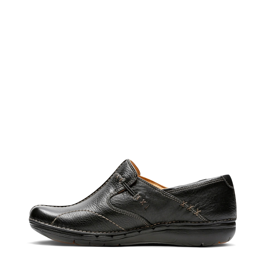 Side (left) view of Clarks Un Loop Leather Slip On Shoes for women.
