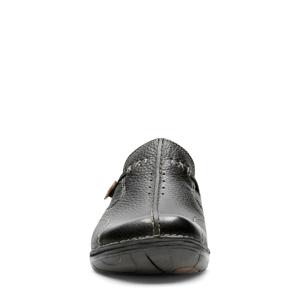 Front view of Clarks Un Loop Leather Slip On Shoes for women.