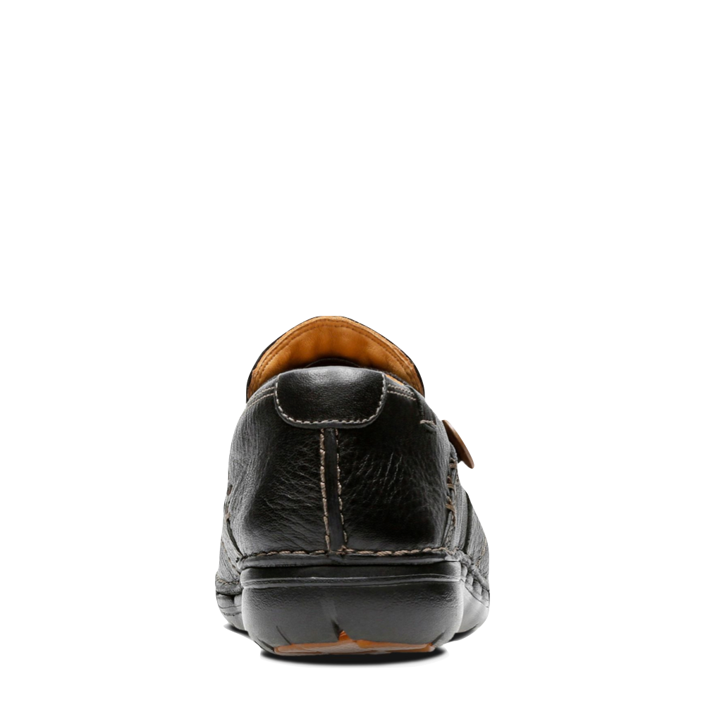 Back view of Clarks Un Loop Leather Slip On Shoes for women.