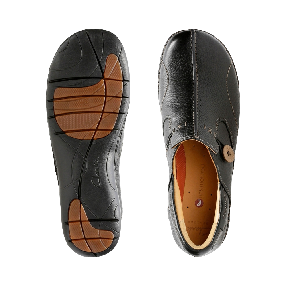 Top-down and bottom view of Clarks Un Loop Leather Slip On Shoes for women.