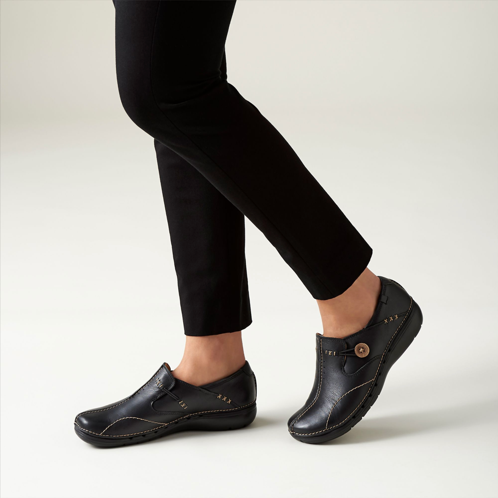 Model view of Clarks Un Loop Leather Slip On Shoes for women.