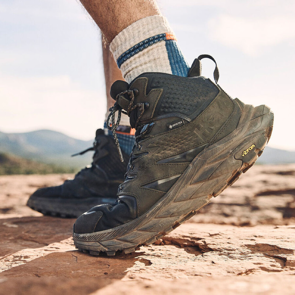 Model view of Hoka Anacapa Mid GTX Waterproof Leather Hiker for men.