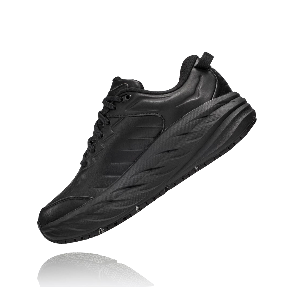 Side (left) view of Hoka Bondi SR Water Resistant Slip Resistant Leather Sneaker for women.
