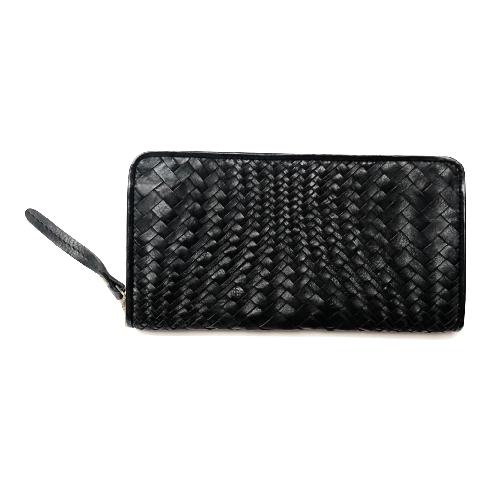 Milo Paolina Zippered Woven Leather Wallet in Black