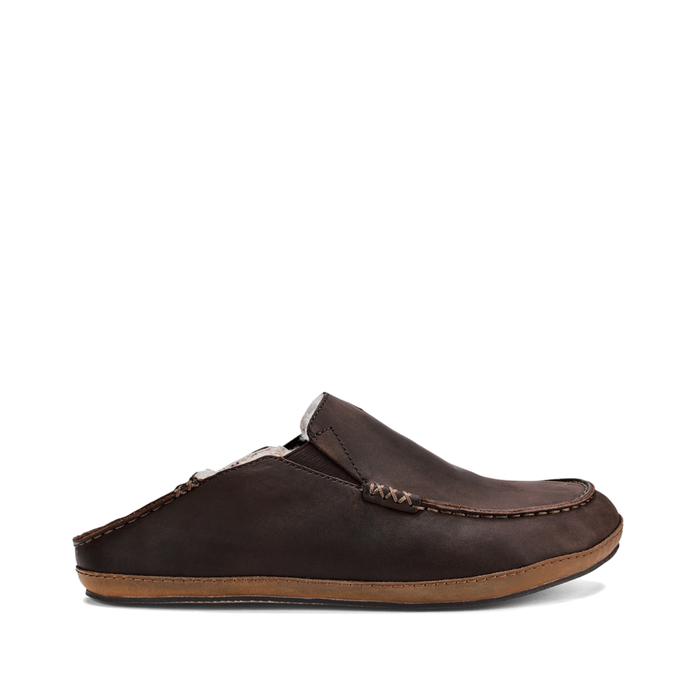 Side (right) view of OluKai Moloa Leather Shearling Lined Slipper for men with back down.