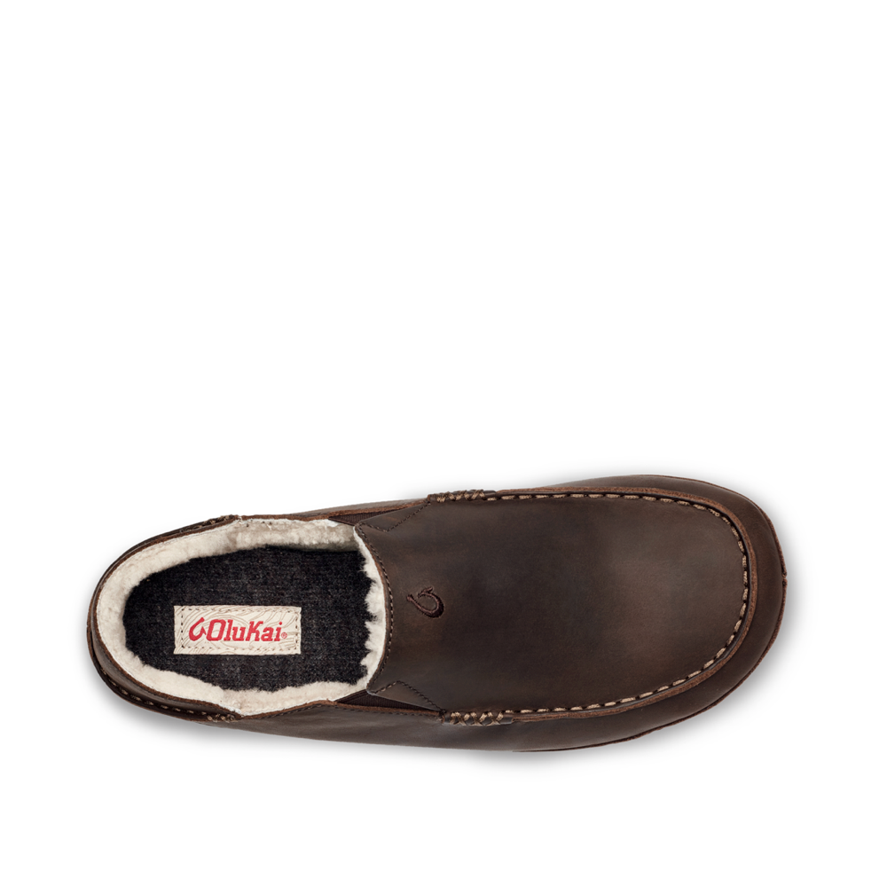 Top-down view of OluKai Moloa Leather Shearling Lined Slipper for men.
