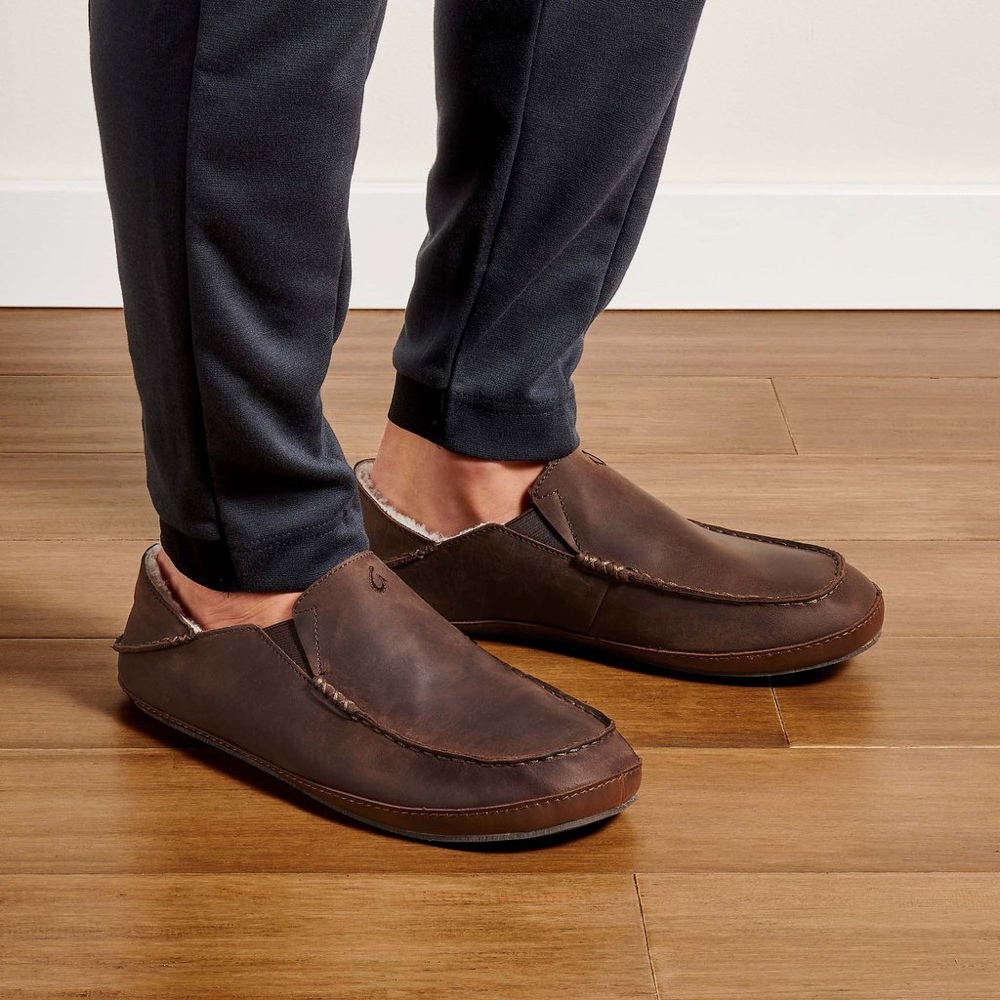 Model view of OluKai Moloa Leather Shearling Lined Slipper for men.