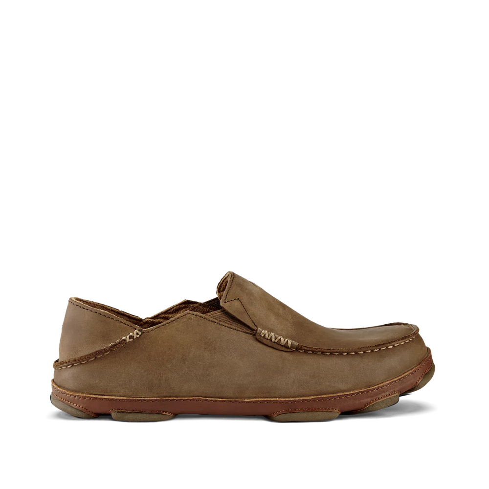 Side (right) view of OluKai Moloa Moc Leather Slip On Shoes for men.
