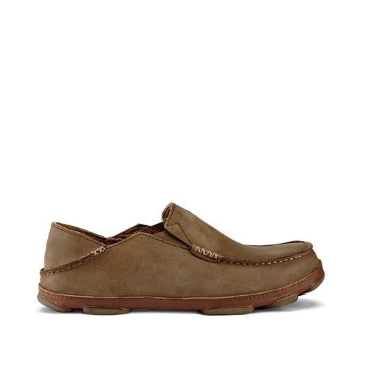 Side (right) view of OluKai Moloa Moc Leather Slip On Shoes for men.