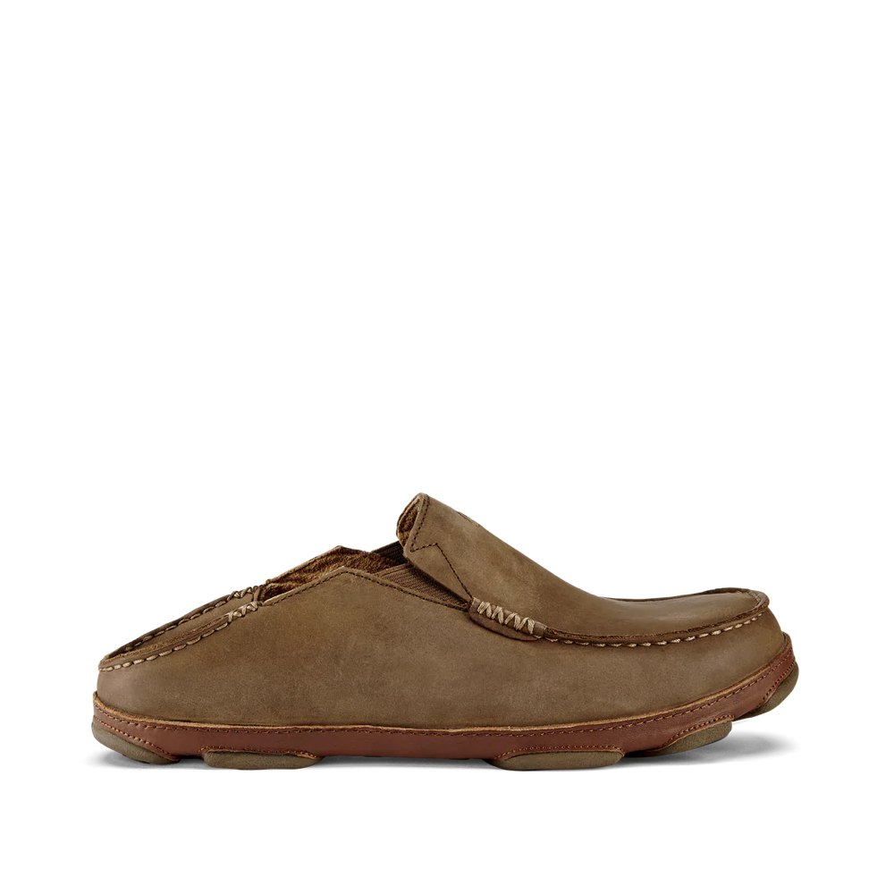 Side (right) view of OluKai Moloa Moc Leather Slip On Shoes for men with back down.