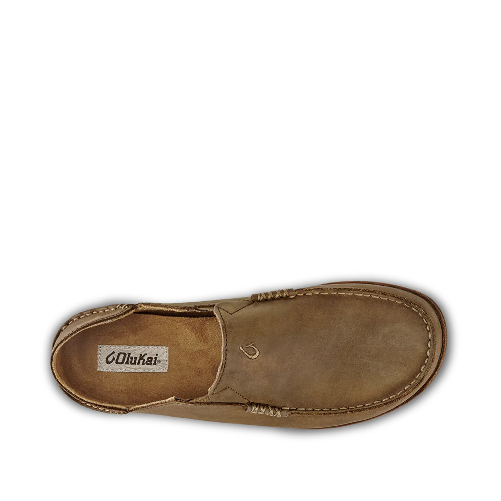 Top-down view of OluKai Moloa Moc Leather Slip On Shoes for men.