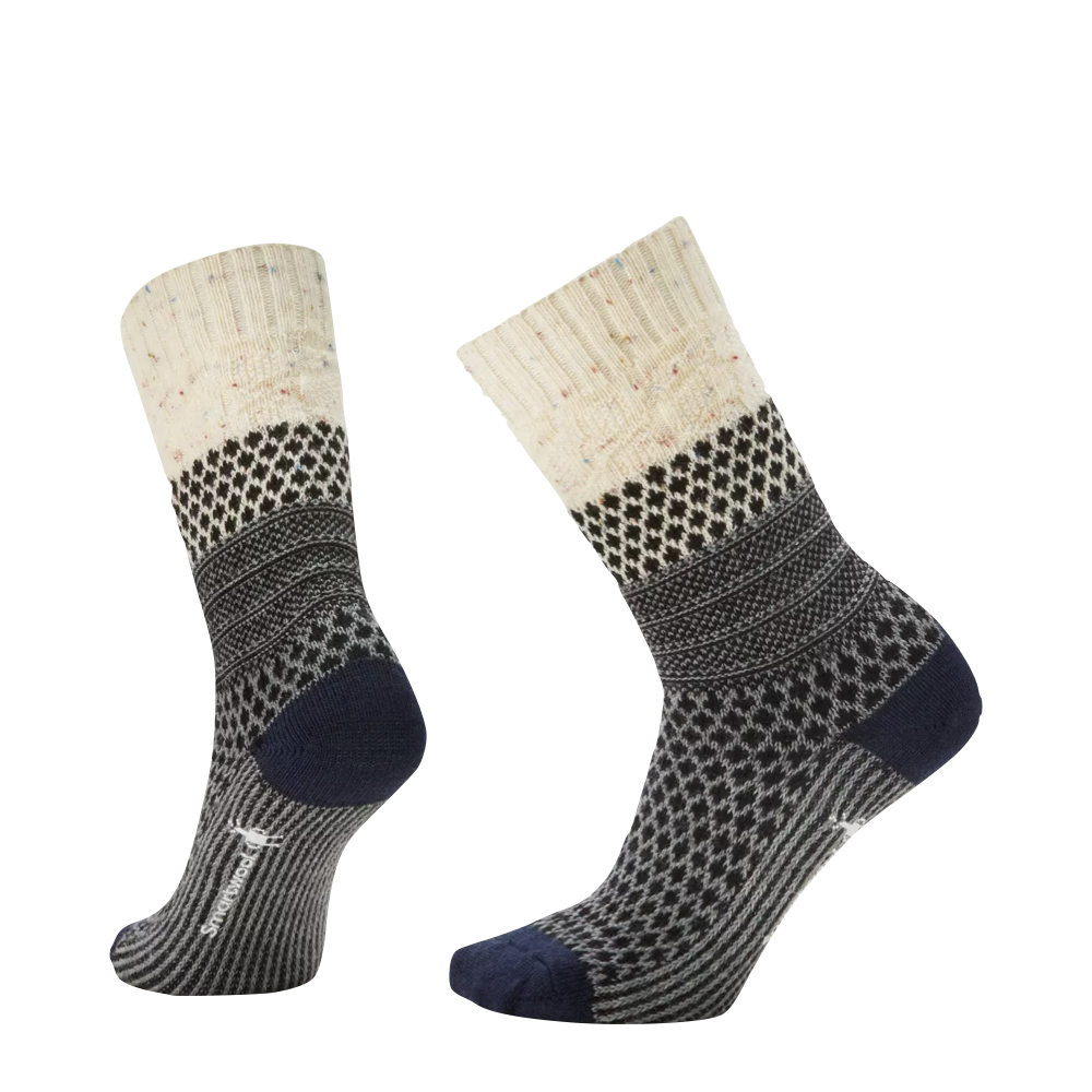 Side (left) and bottom view of Smartwool Everyday Popcorn Cable Full Cushion Crew Socks for women.