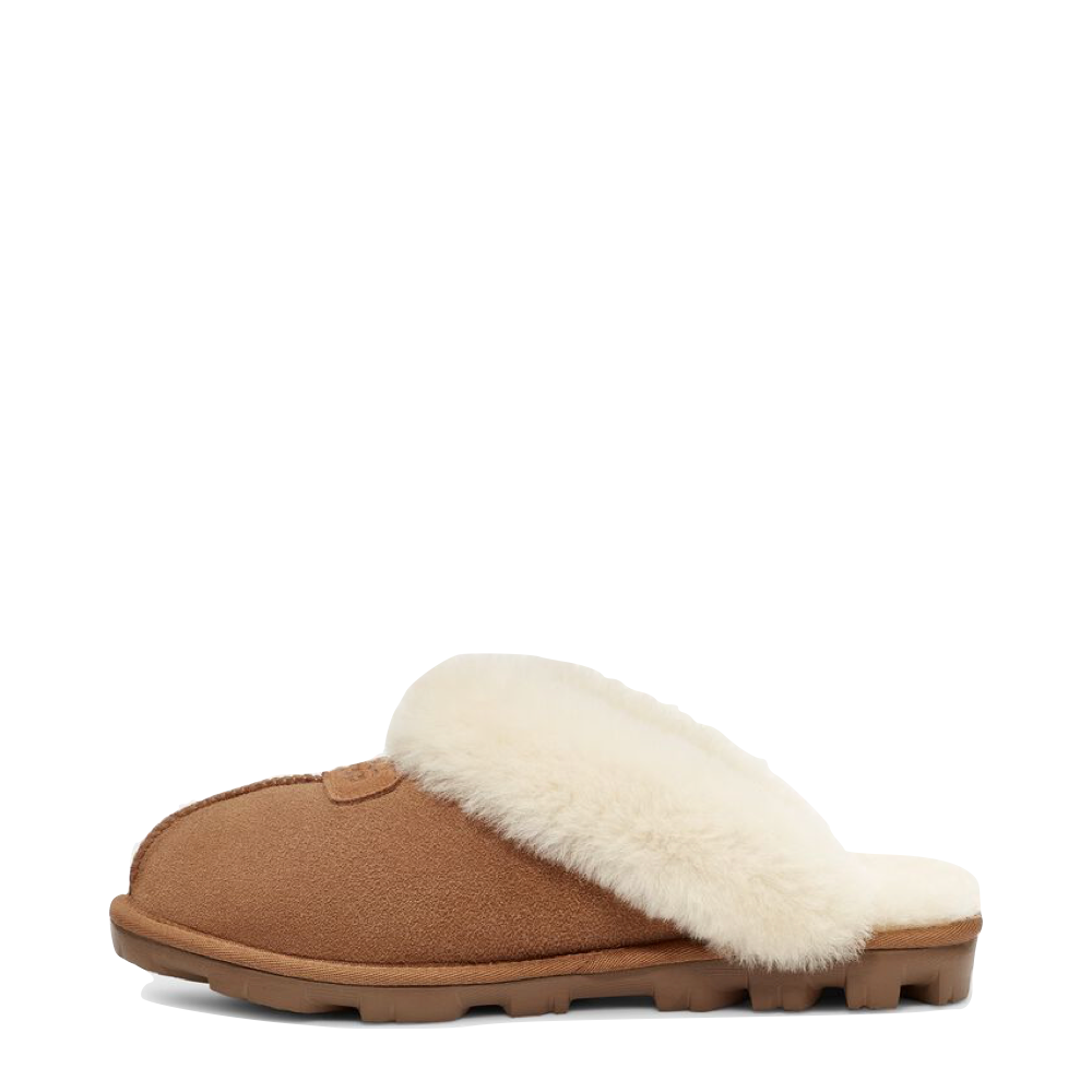 Side (left) view of Ugg Coquette Sheepskin Slide Slipper for women.