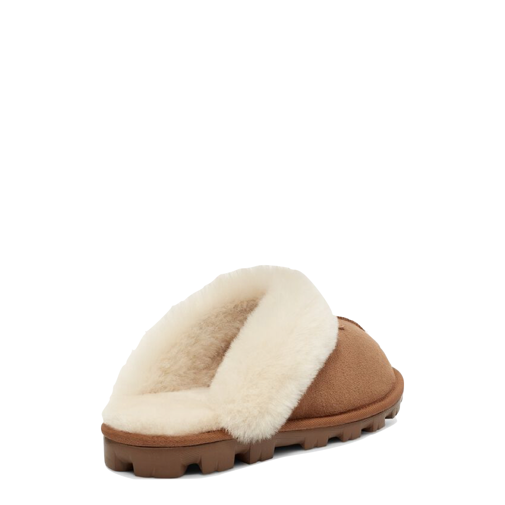 Heel view of Ugg Coquette Sheepskin Slide Slipper for women.