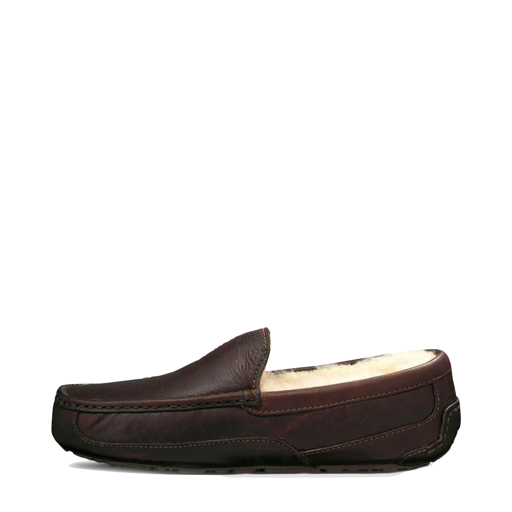 Side (left) view of Ugg Leather Moccasin Slipper.